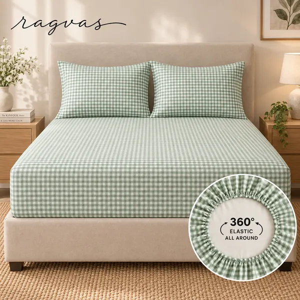 400-TC_Sage_Gingham_360°_Fitted_Bedsheet