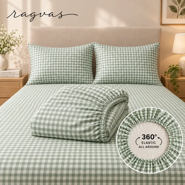 400-TC_Sage_Gingham_360°_Fitted_Bedsheet