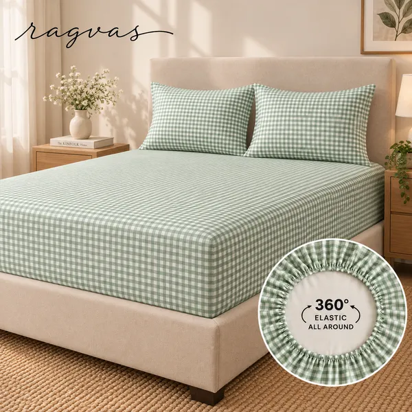 400-TC_Sage_Gingham_360°_Fitted_Bedsheet