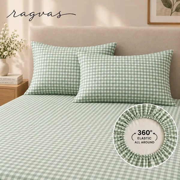 400-TC_Sage_Gingham_360°_Fitted_Bedsheet