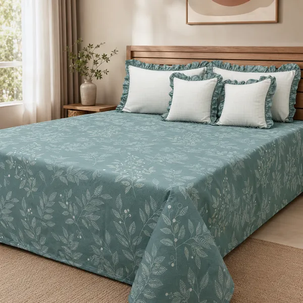 Bottle_Green_Cotton_5-Piece_Frill_Bedding_Set_For_Bedroom