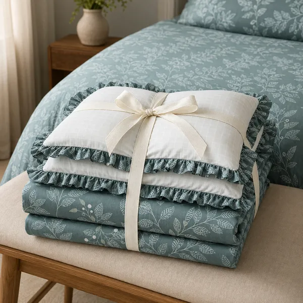 Bottle_Green_Cotton_5-Piece_Frill_Bedding_Set_For_Bedroom