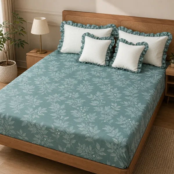 Bottle_Green_Cotton_5-Piece_Frill_Bedding_Set_For_Bedroom