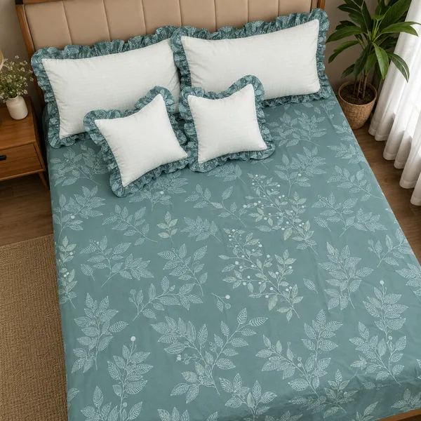 Bottle_Green_Cotton_5-Piece_Frill_Bedding_Set_For_Bedroom