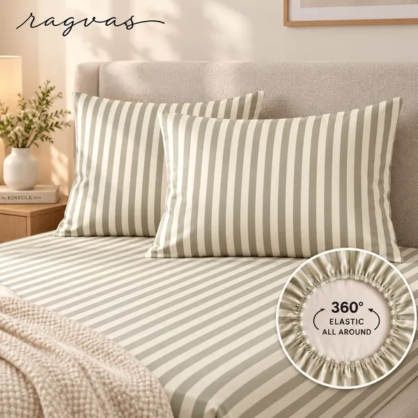 400-TC_Sage_Stripe_360°_Fitted_Bedsheet