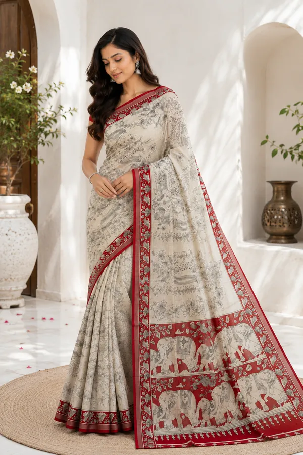 Cream_Printed_Saree_With_Red_Border_for_Women