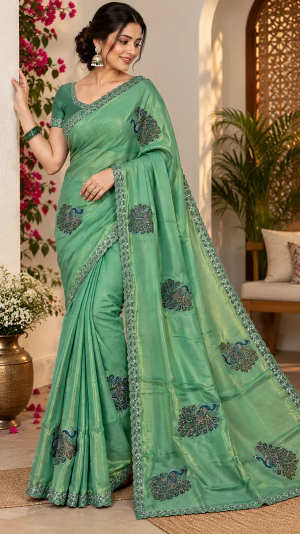 Green_Satin_Digital_Print_Swarovski_Embroidered_Saree_For_Women