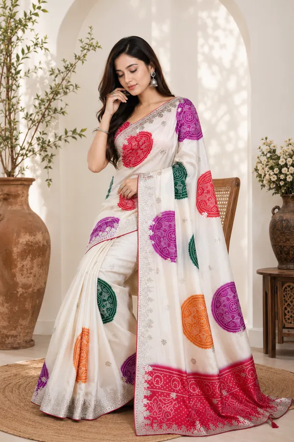 White_Multicolor_Printed_Saree_For_Women