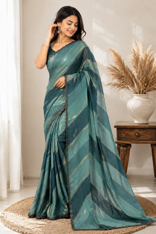 Teal_Satin_Digital_Print_Embellished_Striped_Saree_For_Women