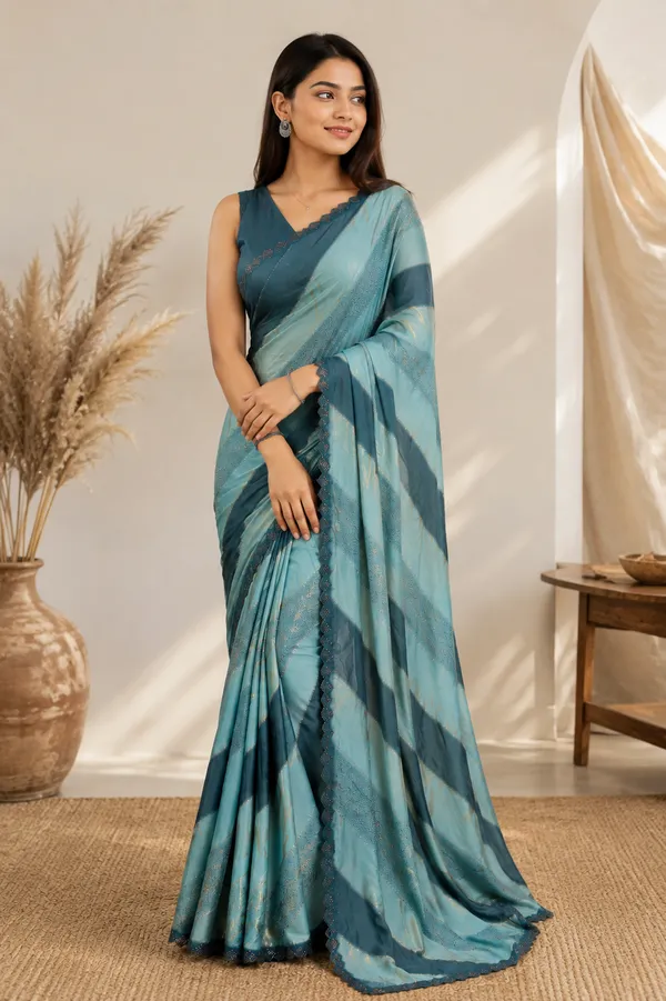 Teal_Satin_Digital_Print_Embellished_Striped_Saree_For_Women