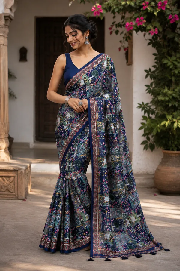 Navy_Blue_Floral_Print_Saree_For_Women