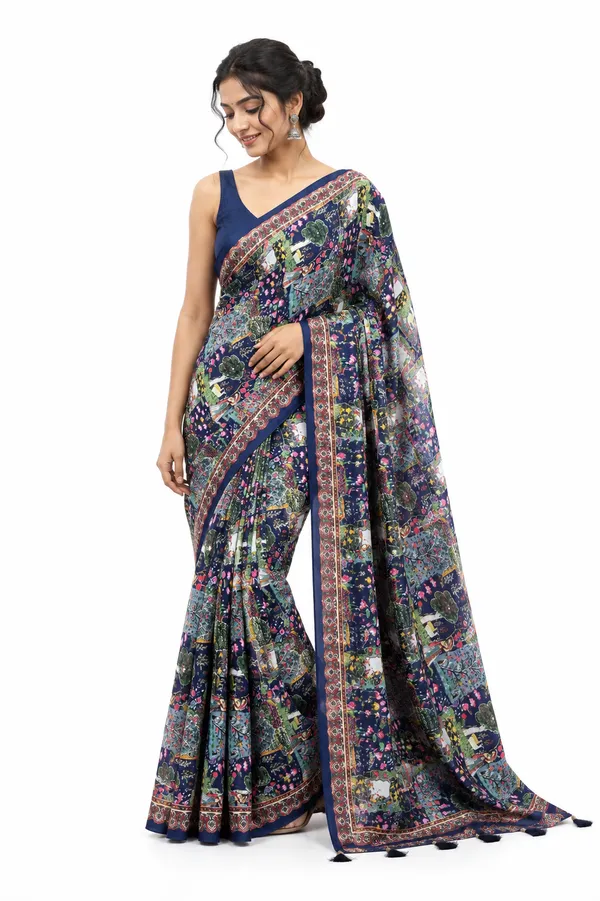 Navy_Blue_Floral_Print_Saree_For_Women