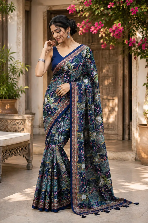 Navy_Blue_Floral_Print_Saree_For_Women