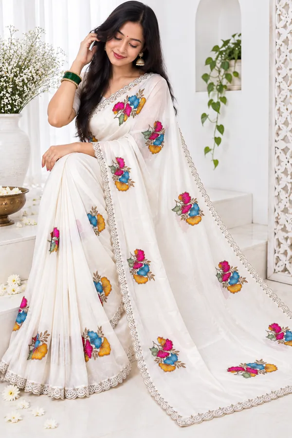 White_Floral_Lace_Border_Saree_For_Women