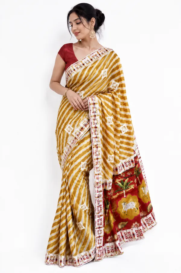 Mustard_Chinon_Gota_Patti_Embroidered_Striped_Saree_For_Women