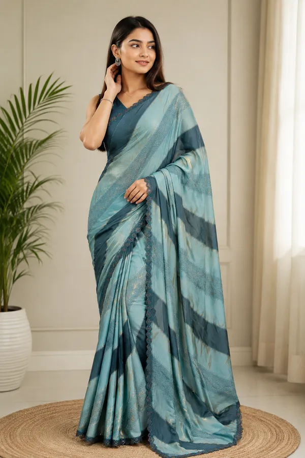 Teal_Satin_Digital_Print_Embellished_Striped_Saree_For_Women
