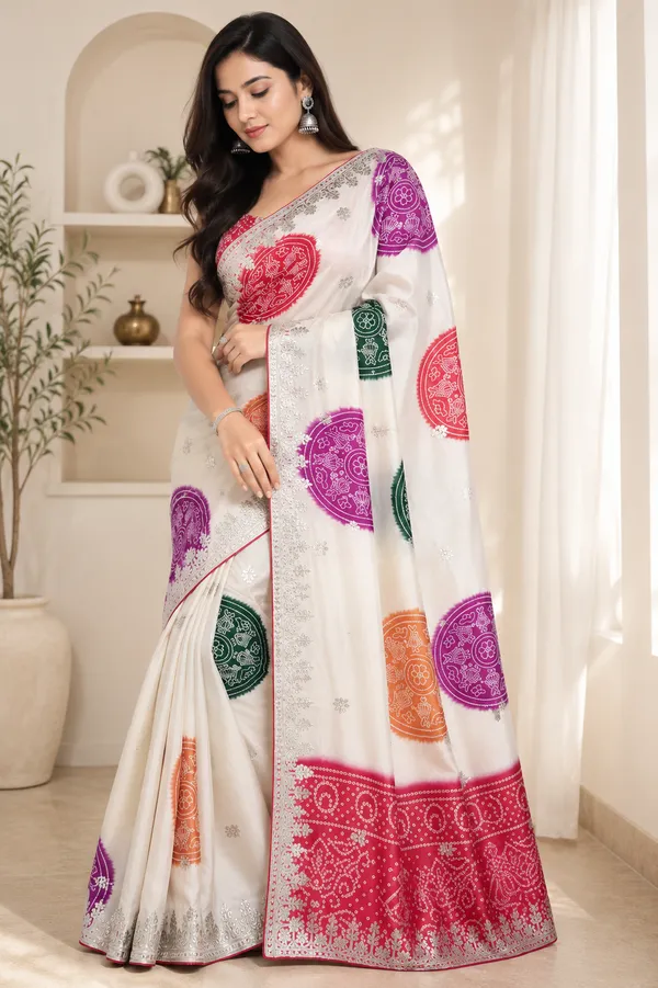 White_Multicolor_Printed_Saree_For_Women