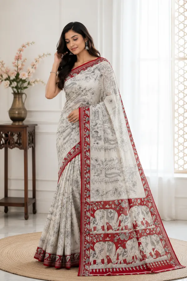 Cream_Printed_Saree_With_Red_Border_for_Women