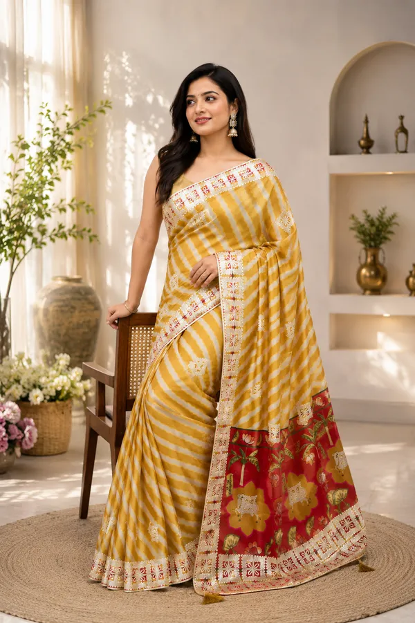 Mustard_Chinon_Gota_Patti_Embroidered_Striped_Saree_For_Women