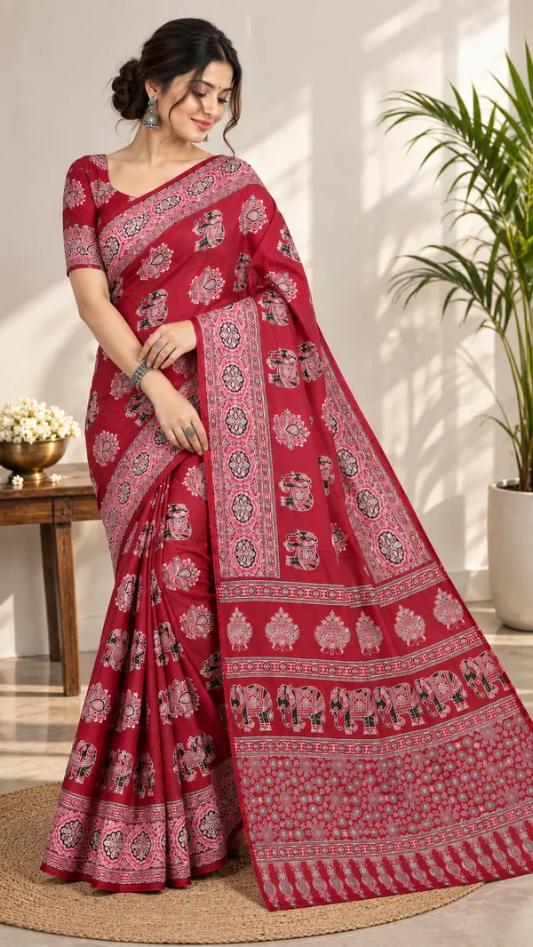 Red_Printed_Traditional_Saree_For_Women