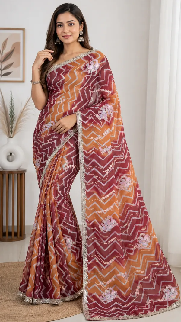 Maroon_Orange_Printed_Saree_For_Women