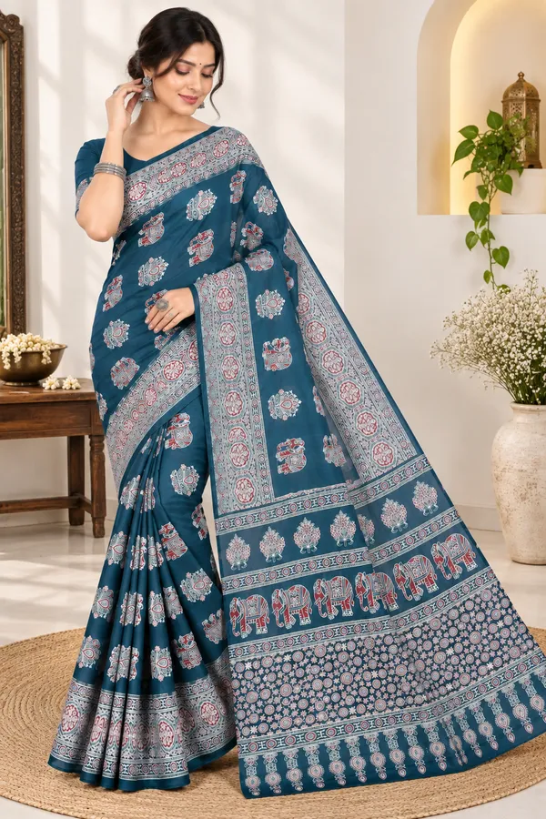 Teal_Printed_Saree_For_Women