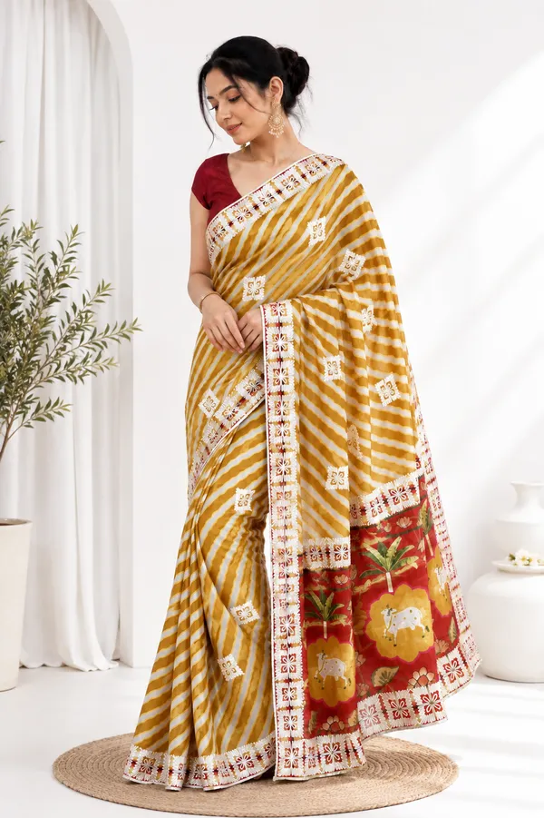Mustard_Chinon_Gota_Patti_Embroidered_Striped_Saree_For_Women