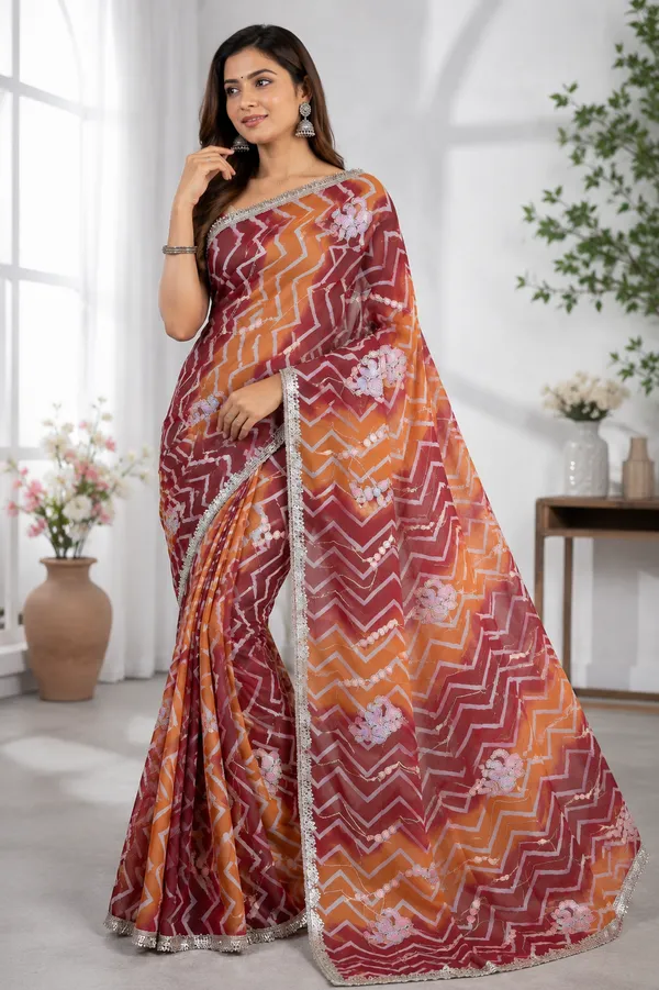 Maroon_Orange_Printed_Saree_For_Women