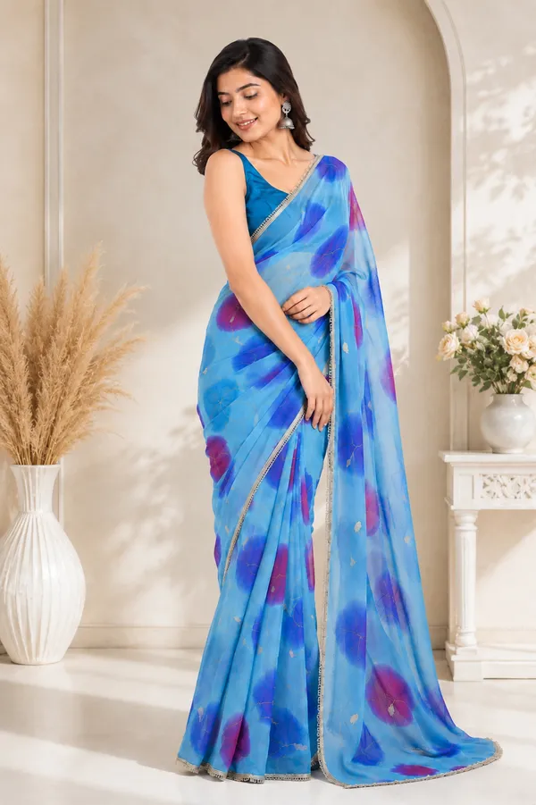 Blue_Floral_Print_Saree_For_Women