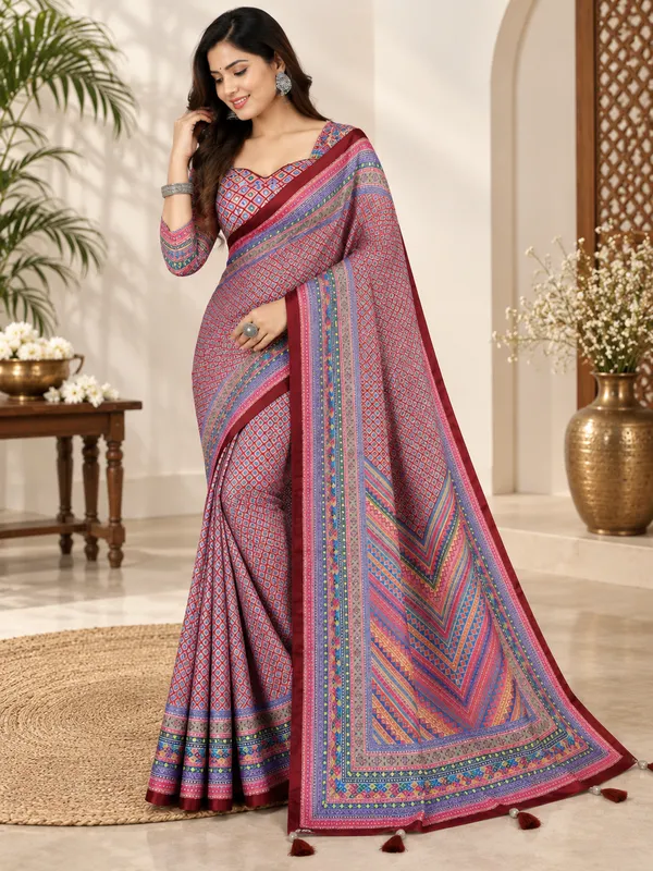 Pink_Satin_Digital_Print_Aari_Mirror_Work_Geometric_Saree_For_Women
