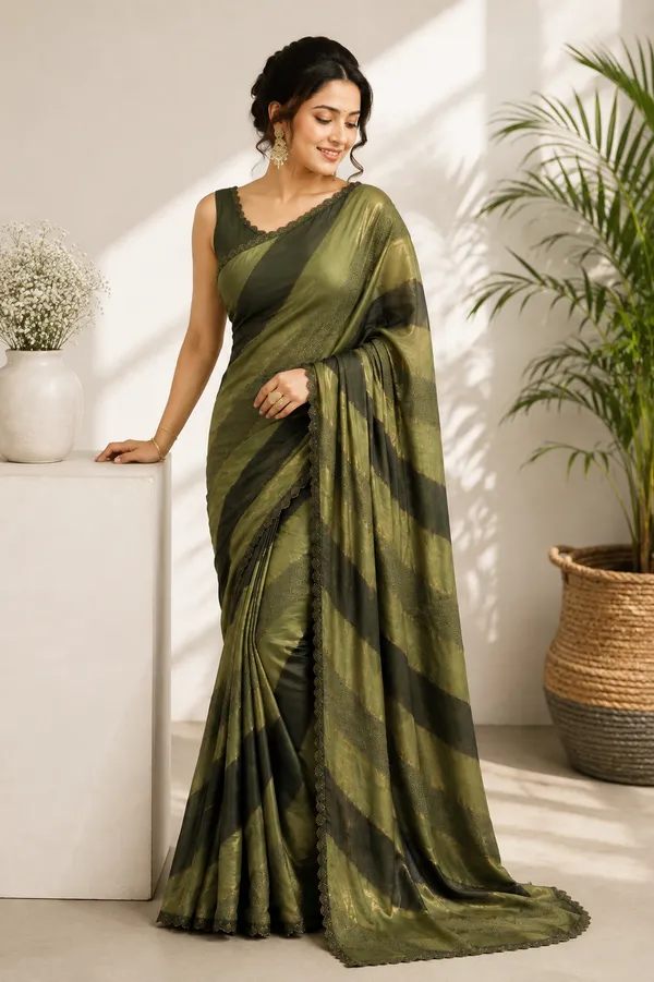 Olive_Green_Striped_Saree_With_Sleeveless_Blouse_For_Women