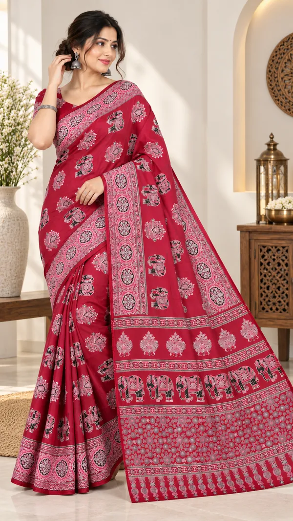 Red_Printed_Traditional_Saree_For_Women