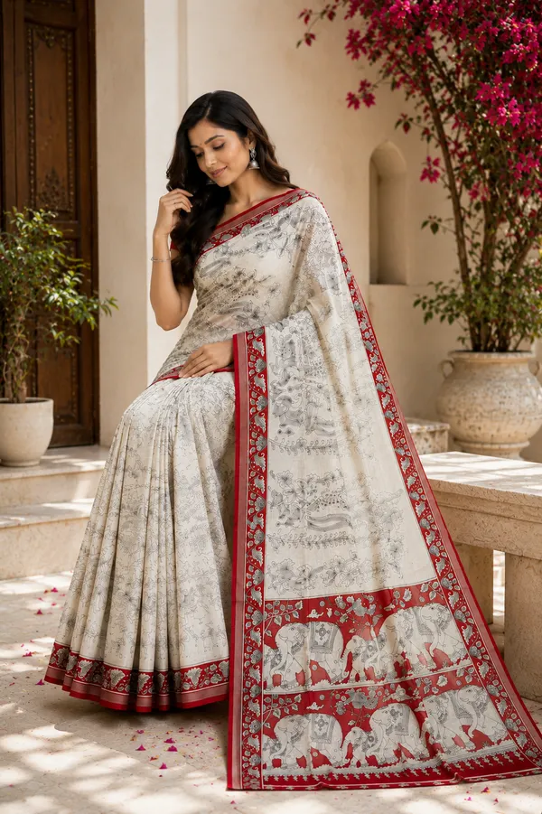 Cream_Printed_Saree_With_Red_Border_for_Women