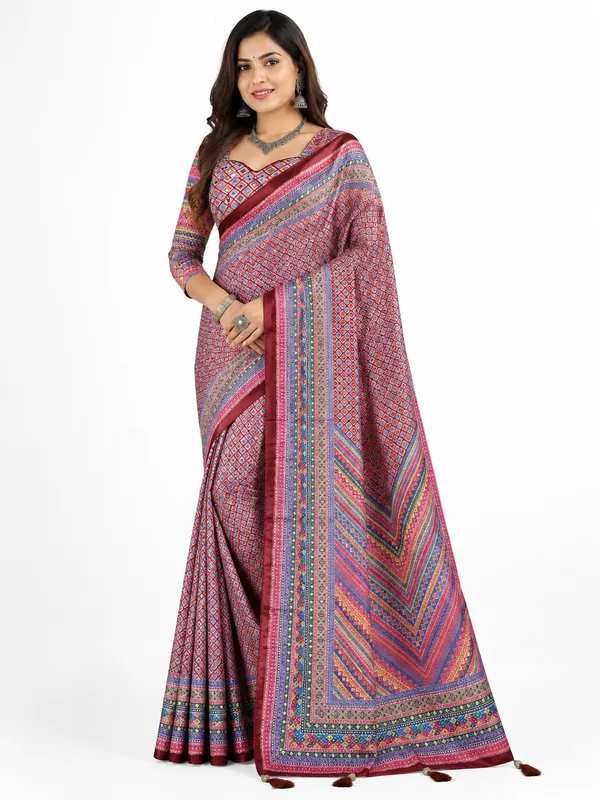 Pink_Satin_Digital_Print_Aari_Mirror_Work_Geometric_Saree_For_Women