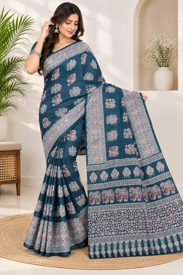 Teal_Printed_Saree_For_Women