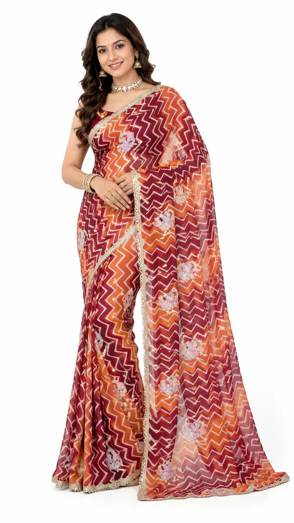 Maroon_Orange_Printed_Saree_For_Women