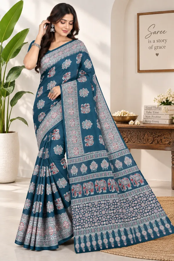 Teal_Printed_Saree_For_Women