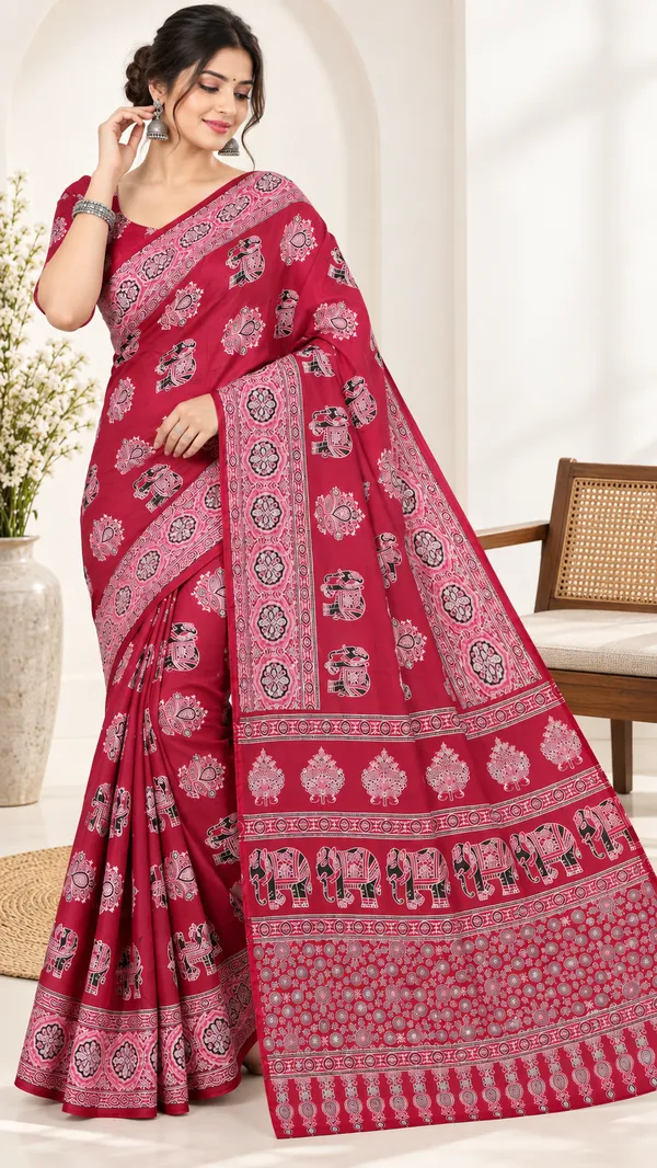 Red_Printed_Traditional_Saree_For_Women