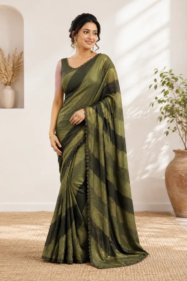 Olive_Green_Striped_Saree_With_Sleeveless_Blouse_For_Women