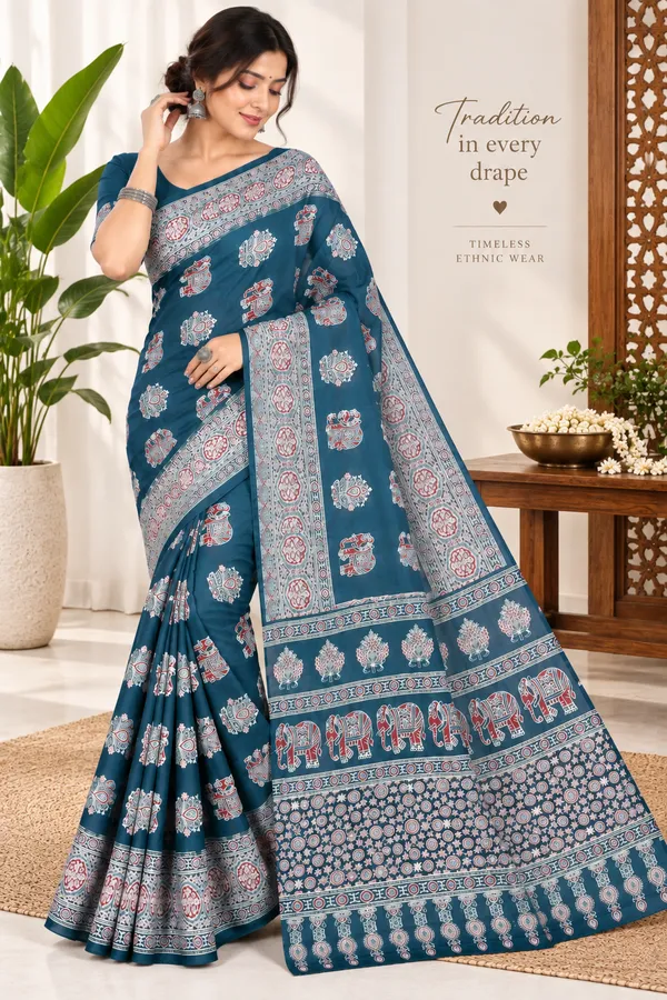 Teal_Printed_Saree_For_Women