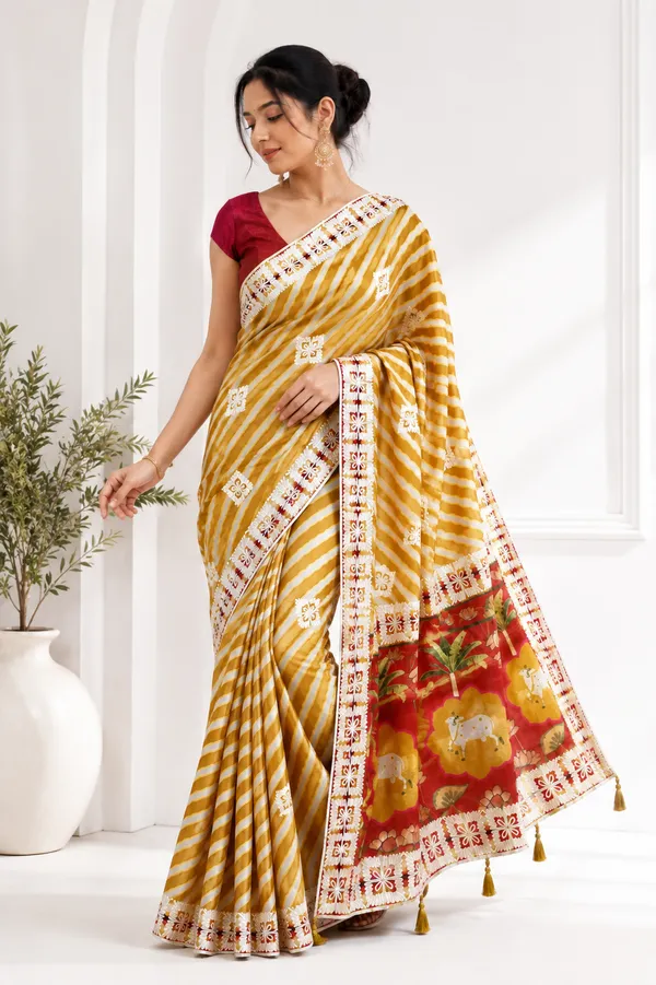 Mustard_Chinon_Gota_Patti_Embroidered_Striped_Saree_For_Women