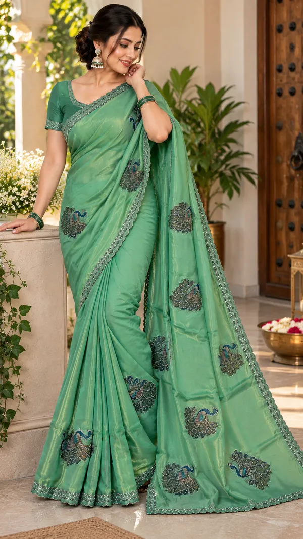 Green_Satin_Digital_Print_Swarovski_Embroidered_Saree_For_Women