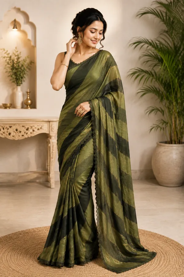 Olive_Green_Striped_Saree_With_Sleeveless_Blouse_For_Women
