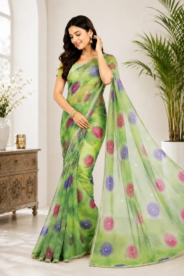 Green_Floral_Print_Saree_For_Women