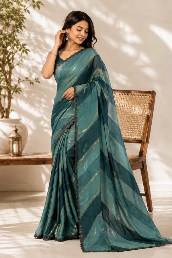 Teal_Satin_Digital_Print_Embellished_Striped_Saree_For_Women