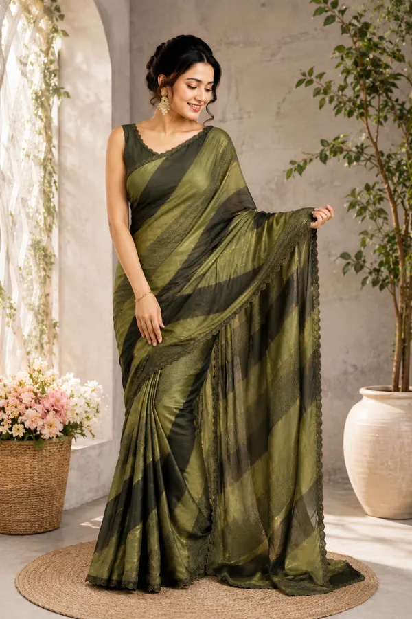 Olive_Green_Striped_Saree_With_Sleeveless_Blouse_For_Women