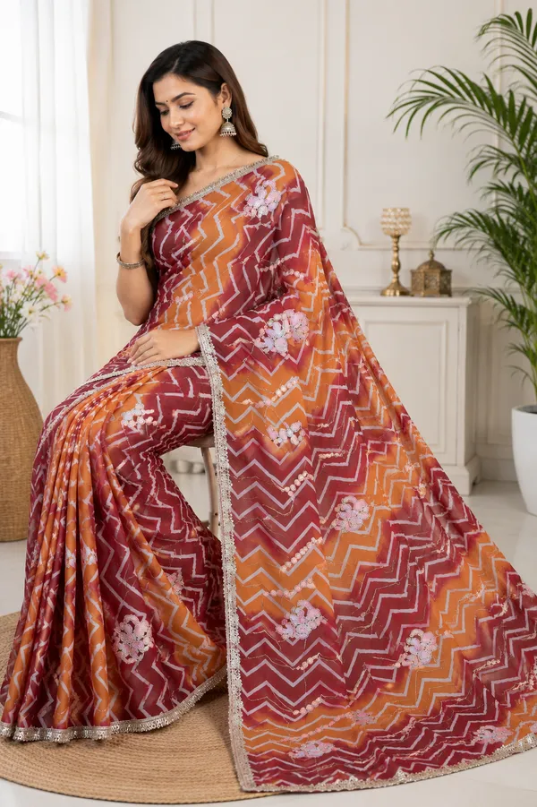 Maroon_Orange_Printed_Saree_For_Women