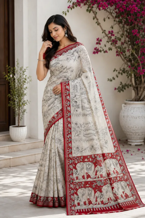 Cream_Printed_Saree_With_Red_Border_for_Women