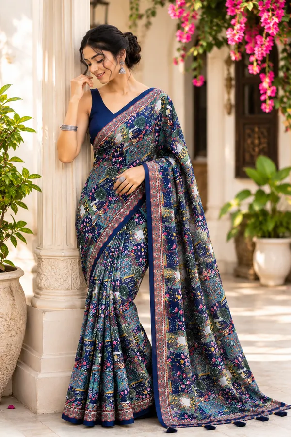 Navy_Blue_Floral_Print_Saree_For_Women