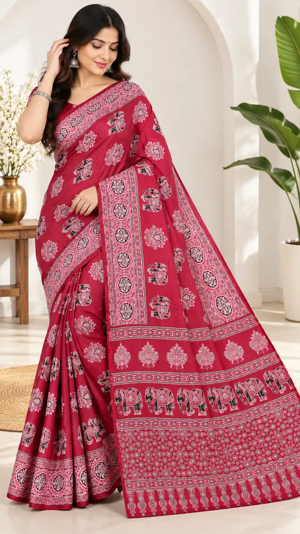Red_Printed_Traditional_Saree_For_Women